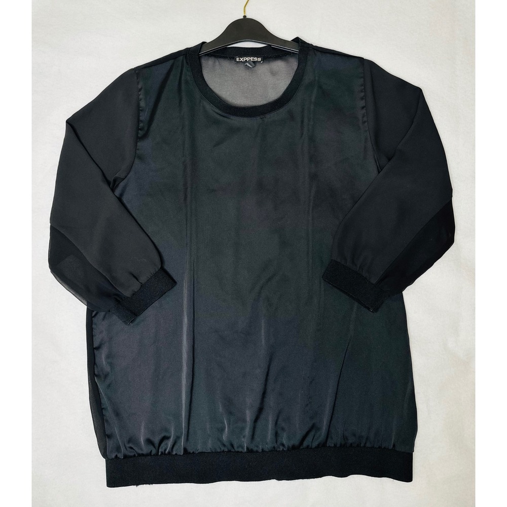 Express Womens Black Satin Chiffon Mixed Media 3/4 Sleeve Blouse Large - Picture 12 of 13